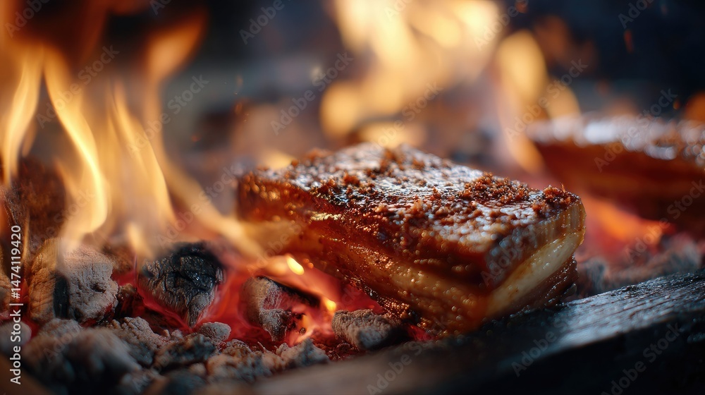 Slow-motion effect of fire bursting up under sizzling pork belly, fat dripping onto coals Slow-motion effect of fire bursting up under sizzling pork belly, fat dripping onto coals