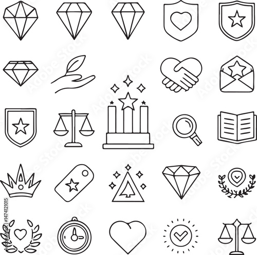 Achievement and Success Icons Set - Awards, Shields, Diamonds, and Badges Outline Style