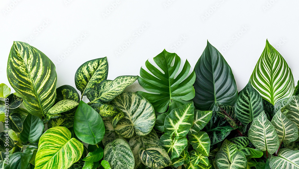 Obraz premium Beautiful green tropical leaves of various plants on a white background, a banner with a copy space area