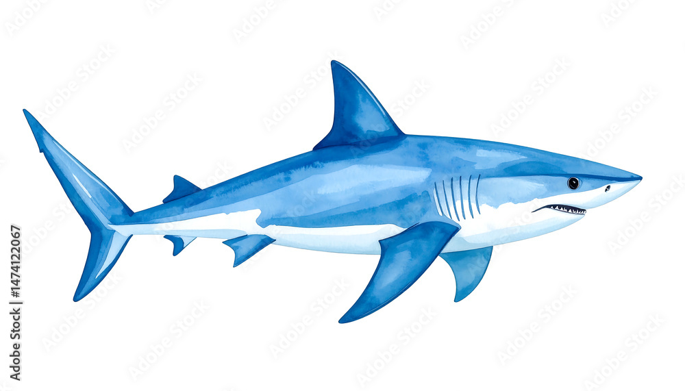 Naklejka premium Watercolor Illustration of a Shark, Marine Animal Art