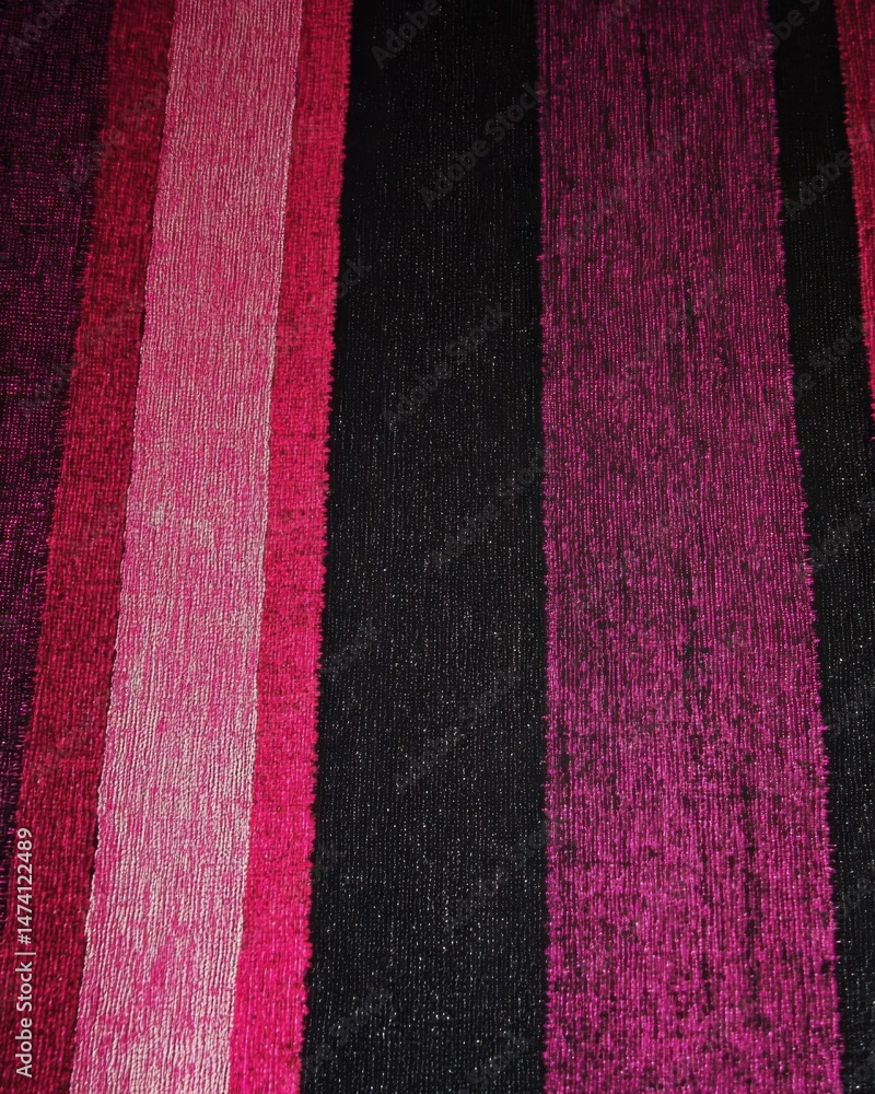 Obraz premium Vertical stripes in pinks and black fabric texture close up textile design background abstract pattern