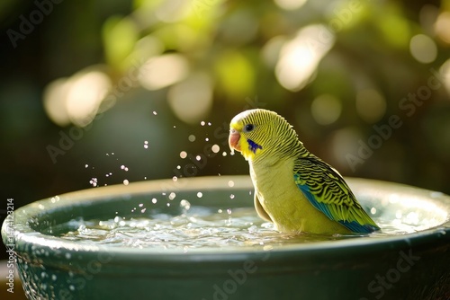 Bird bathing. A parrot enjoys a small water bath.