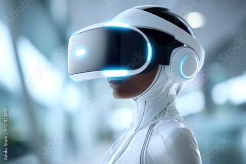 A virtual reality headset is worn by a professional woman, symbolizing the immense potential of the metaverse in today's workplace environment