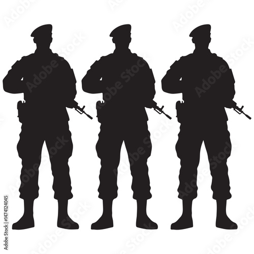 Group of soldier and civilian silhouettes walking and standing together in black outline vector style
