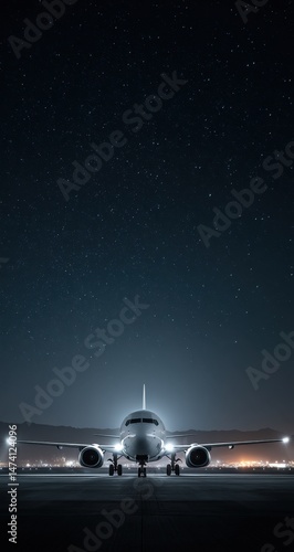 Wallpaper Mural Airplane on Runway at Night Under Starlit Sky, A Majestic Passenger Jet Awaits Departure, Illuminated Against the Darkness Torontodigital.ca
