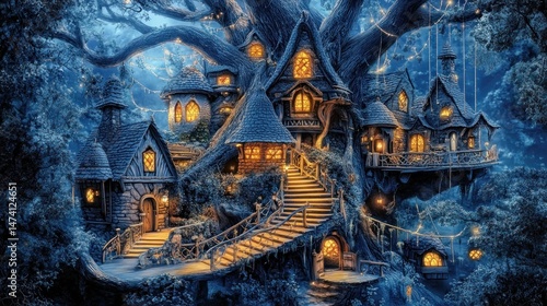 Enchanting treetop village nestled in a mystical forest