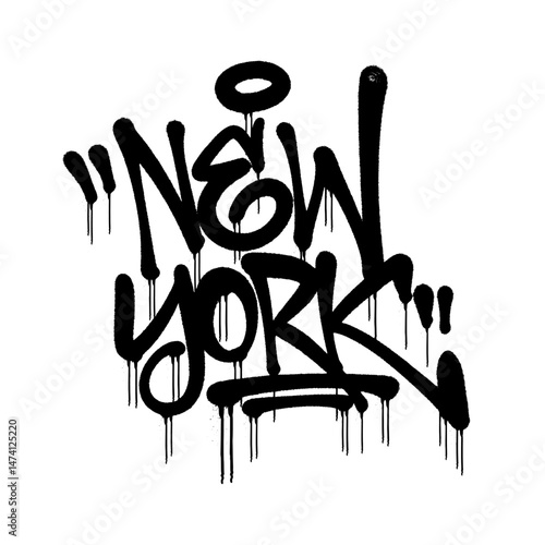 Handmade graffiti tag "NEW YORK" with black spray paint texture and drip effect. Raw, edgy street art design, perfect for urban graphics, hip-hop posters, and modern graffiti projects.