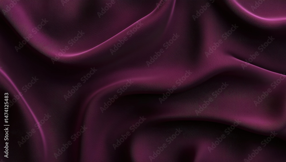 Obraz premium Close-up view of deep plum-colored satin fabric, exhibiting luxurious folds and drapes