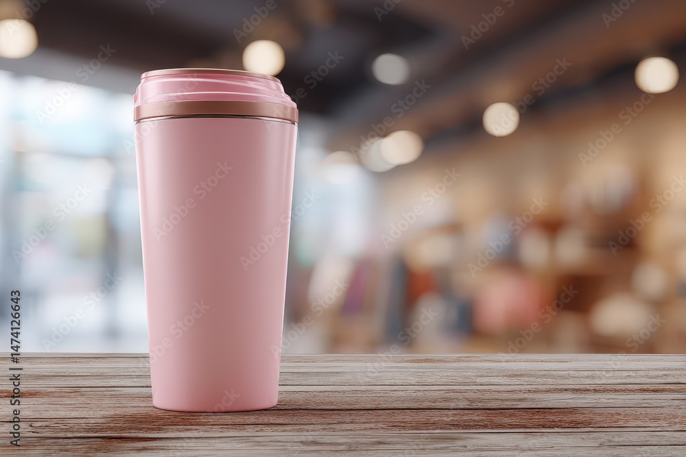 Pink beverage container on a wooden surface, soft background. Pink beverage container on a wooden surface, soft background.