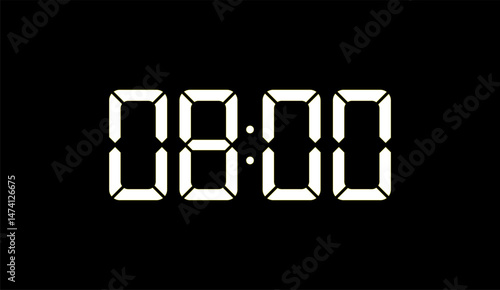 Precise Digital Display of 08:00 on Black Backdrop Showcasing Punctuality and Clear Timing, Ideal for Time Management Concepts and Precise Scheduling