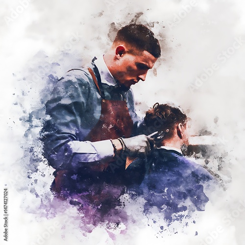 Barber Giving a Haircut to a Client, Artistic Watercolor Style.