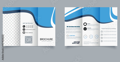 Creative Wave Trifold Brochure Template for Business and Marketing. Stylish trifold brochure template with smooth wave design elements in blue and white tones, ideal for corporate, marketing, and prom