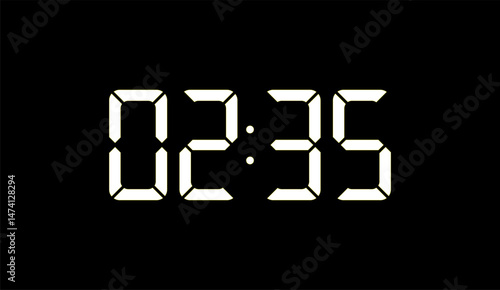 Digital Clock Display at 02:35 AM/PM on Black Background, Time Concept with Luminous Numbers in Dark Setting, Punctuality and Modern Timekeeping Visualization