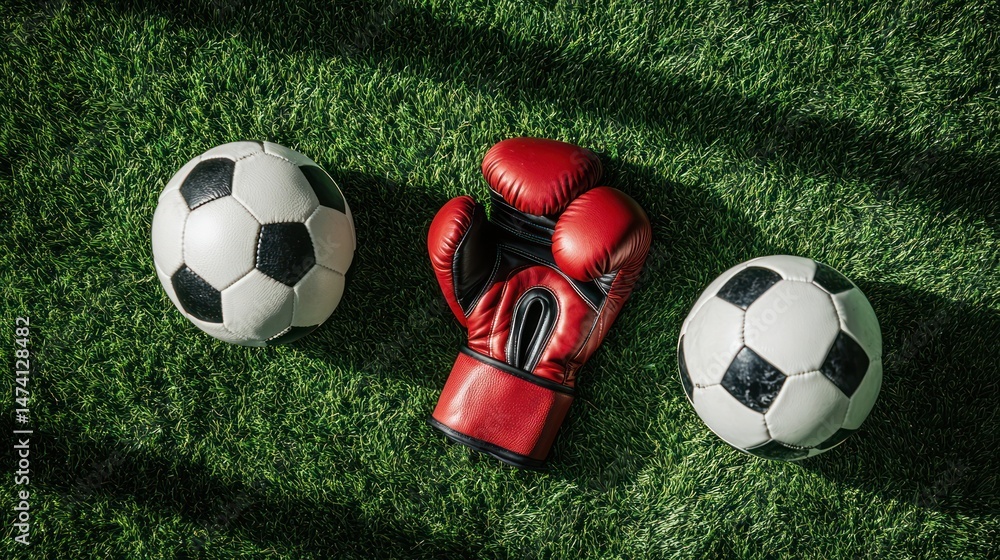 Boxing gloves and soccer balls on green grass Boxing gloves and soccer balls on green grass