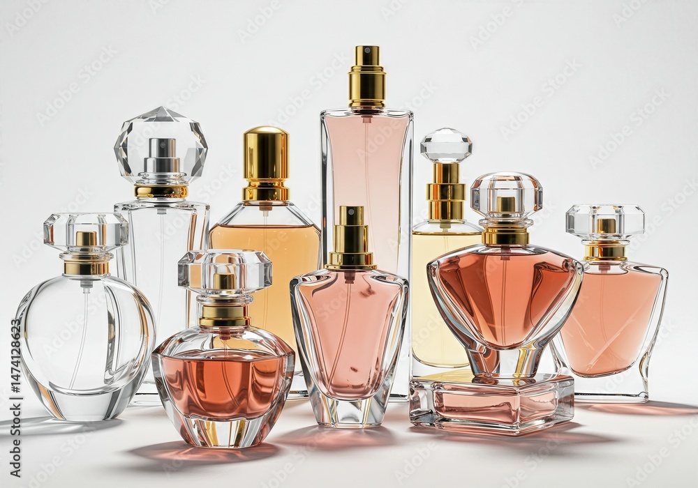 Elegant Luxury Perfume Collection mockup with Crystal Caps and Gold Accents in Warm Pastel Tones on Minimalist Background Elegant Luxury Perfume Collection mockup with Crystal Caps and Gold Accents in Warm Pastel Tones on Minimalist Background