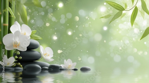 A beautiful white orchid blossom rests on wet, smooth stones next to peaceful water, photographed with stunning sunlight and bokeh, perfect for spa and wellness themes