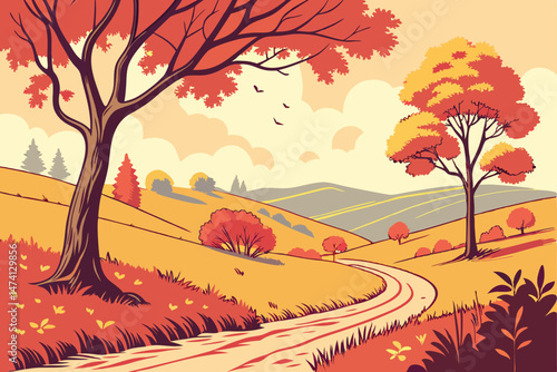 138 beautiful autumn landscape, colorful fall foliage trees, rolling hills, dirt path, scenic nature, vibrant warm colors, watercolor painting style, detailed landscape composition, serene and peacefu