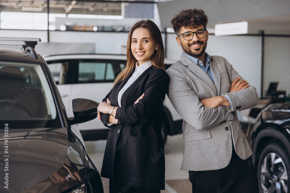 Car salespeople standing back to back in a dealership Car salespeople standing back to back in a dealership