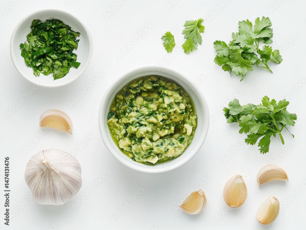 Overhead shot of chimichurri ingredients in bowls with garlic cloves on white background for food photography Overhead shot of chimichurri ingredients in bowls with garlic cloves on white background for food photography