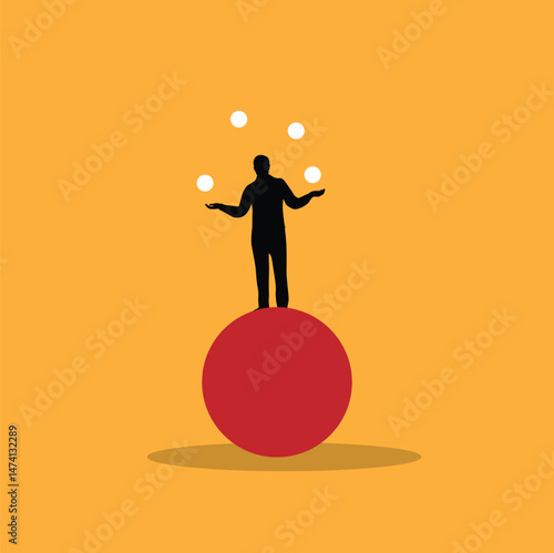 Minimalist Silhouette of Business Man Juggling on a Ball. Ways to do business and circus entertainment industry vector art