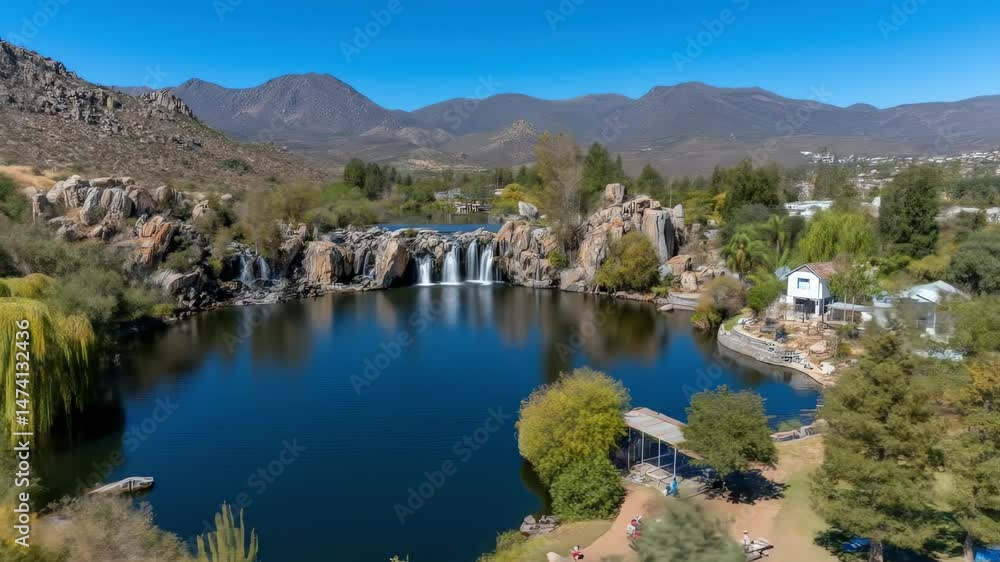 Serene lakeside view of waterfall rocks mountains Serene lakeside view of waterfall rocks mountains