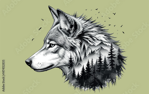 a realistic wolf's head with a scenic mountainous forest landscape