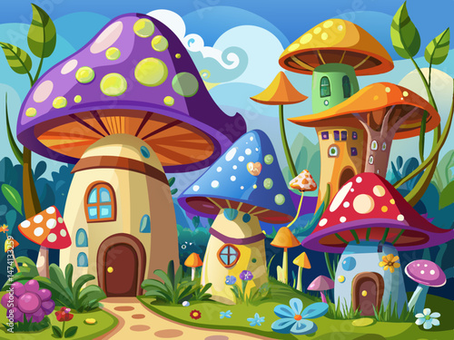 vector of Mushroom Art Fairytale Cottage Exotic mushroom houses with butterflies around.