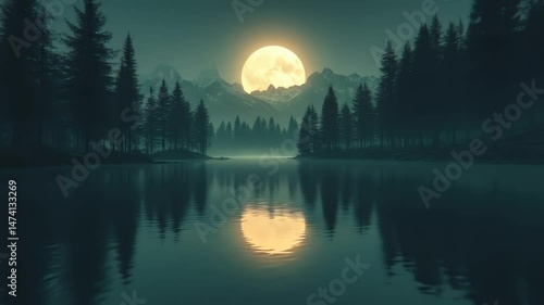 Serene moonlit lake reflecting forest scenery