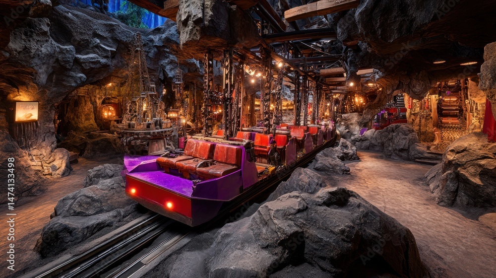 Fototapeta premium Enchanted mine train ride through dark caverns