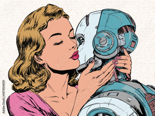 A woman with flowing hair leans in to kiss a robot. The artwork captures a playful and affectionate interaction between humans and machines. The comic style adds vibrancy and charm.