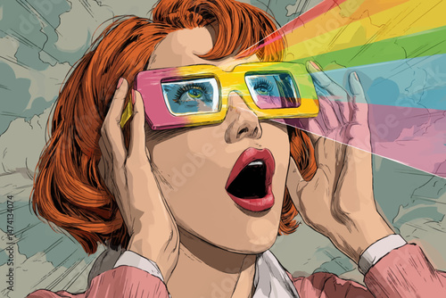 A character with bright red hair expresses excitement while wearing colorful glasses. Rainbow hues project from the lenses, creating a lively atmosphere that captivates viewers.