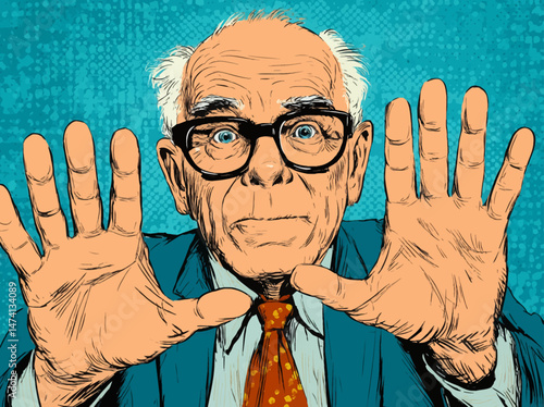 An elderly man with white hair and glasses opens his hands wide in a dramatic gesture, showcasing his surprise. The bright colors and bold lines create an engaging comic feel.