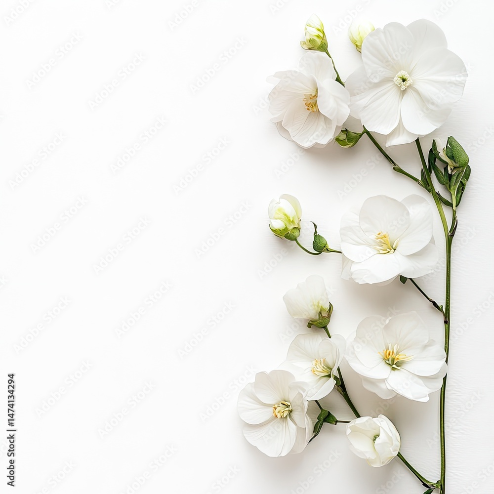Obraz premium Delicate white flowers arranged on a plain white background (1)