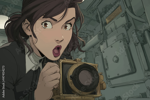 A female sailor diligently operates an ancient camera aboard a vessel, showcasing her intense focus and intrigue within the intricate machinery of the ship.