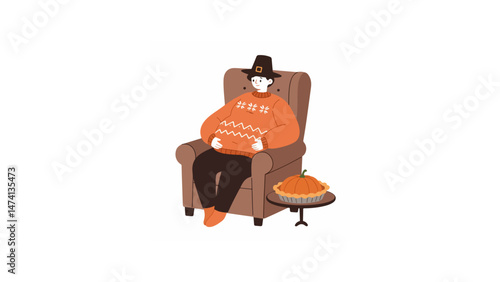 Full-bellied person in Thanksgiving sweater relaxing with pumpkin pie