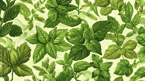 A vibrant seamless pattern featuring an array of herb leaves and seeds, including basil, mint, and parsley in harmonious colors.