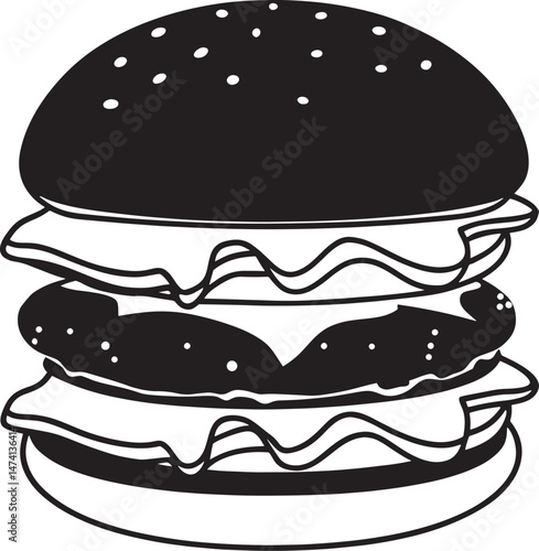 Delicious Double Cheeseburger Vector Simple Black and White Line Art of a Classic Burger for Food Illustrations