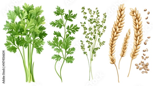 High-quality clipart of whole parsley leaves and seeds on a clean white background, perfect for food illustrations and recipes.