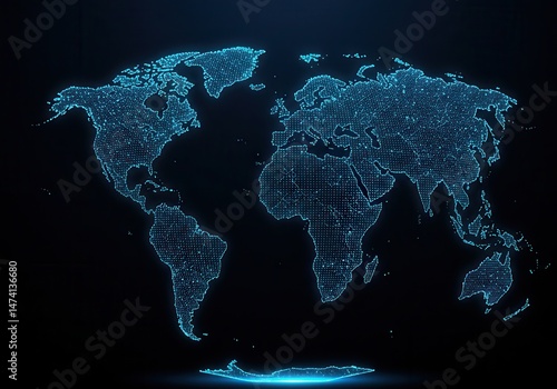 Fototapeta Naklejka Na Ścianę i Meble -  Glowing world map rendered with blue dots against a dark background showing continents and antarctica
