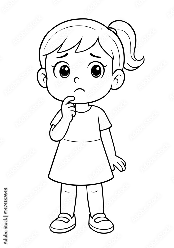 Cartoon girl character looking confused with hand on chin in black and white line art style Cartoon girl character looking confused with hand on chin in black and white line art style