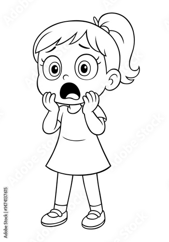 Cartoon girl character showing a scared expression with wide eyes and hands on face in black and white line art