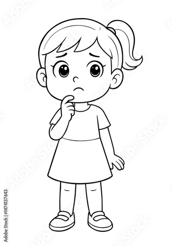 Cartoon girl character looking confused with hand on chin in black and white line art style