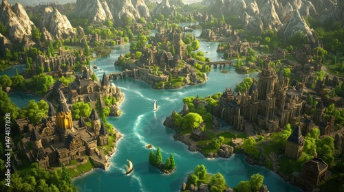 Lush medieval city by water