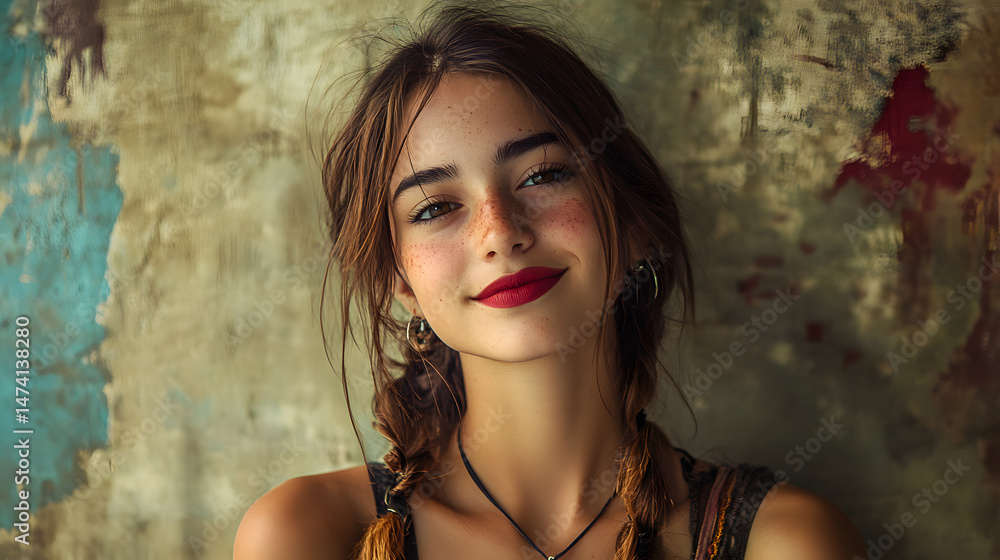 Naklejka premium Portrait of a young woman with freckles smiling against a textured wall in natural light during the late afternoon