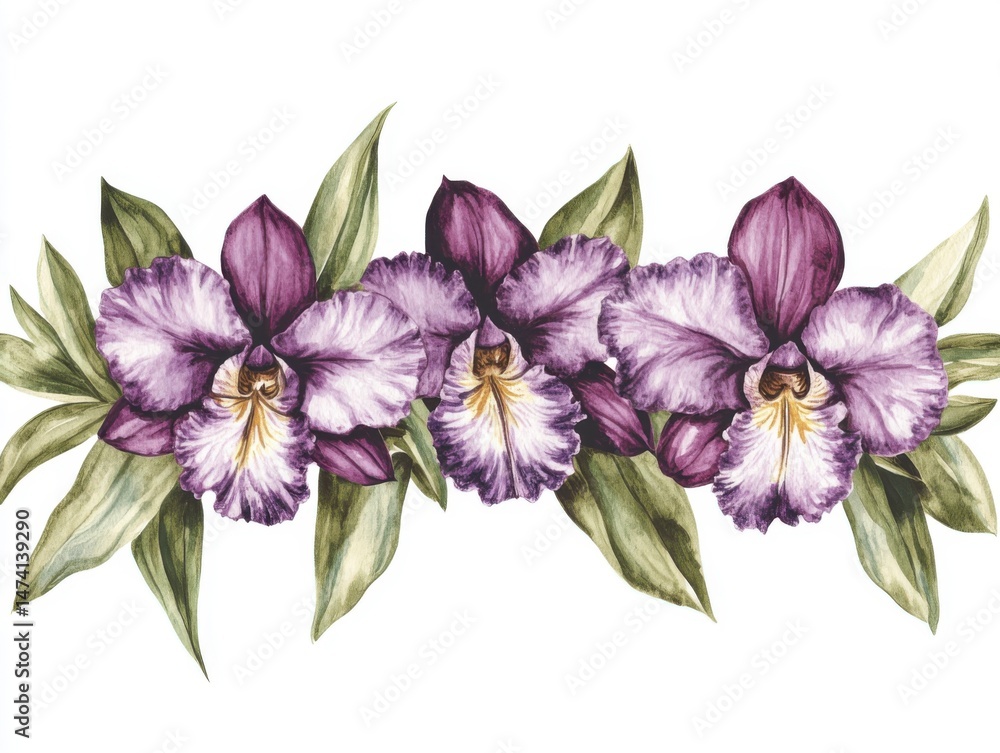 Obraz premium Watercolor painting of purple and white orchids with leaves on a white background, floral illustration, botanical art, elegant design