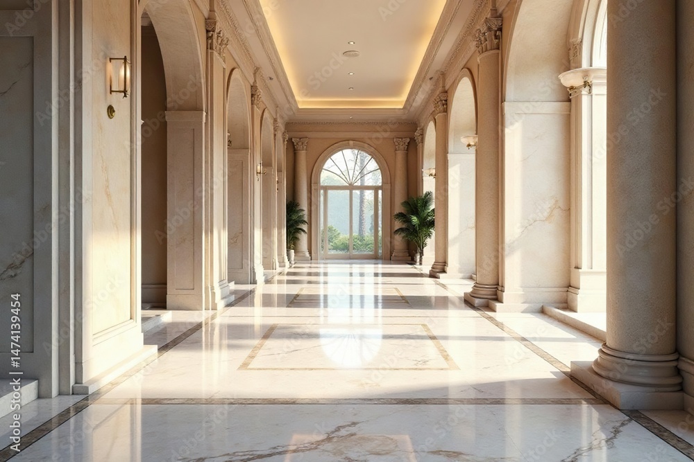 Fototapeta premium Gleaming marble floors in a spacious hallway, reflecting light , surface, smooth