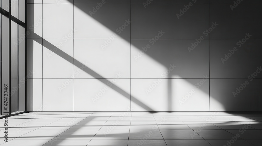 Fototapeta premium Empty room with sunlight casts shadows on tiled walls and floor