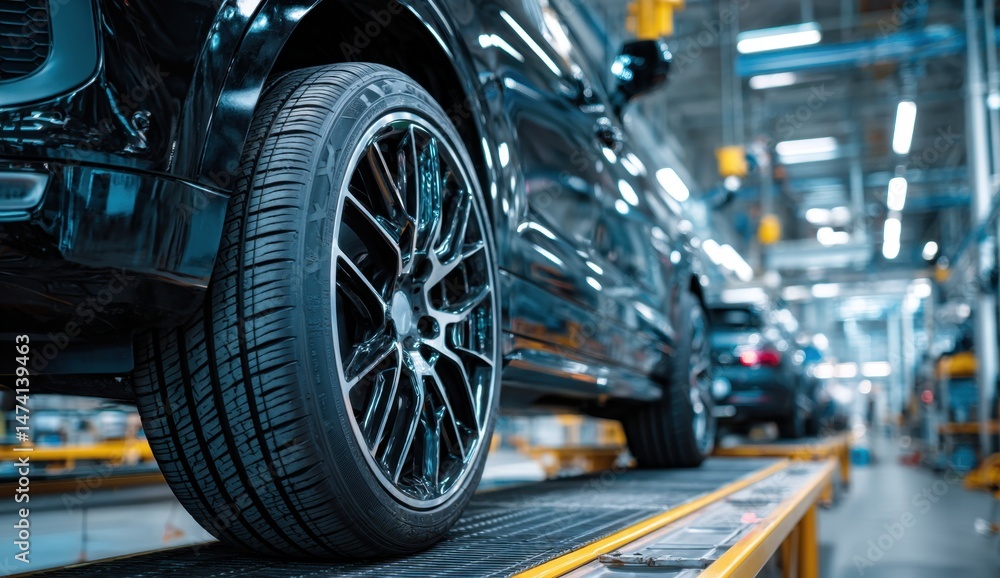 Fototapeta premium Car tire on assembly line machine equipment