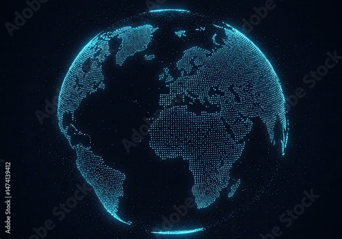 Fototapeta Naklejka Na Ścianę i Meble -  Digital globe of earth with glowing blue dots against a dark background showing continents, oceans, and a global network