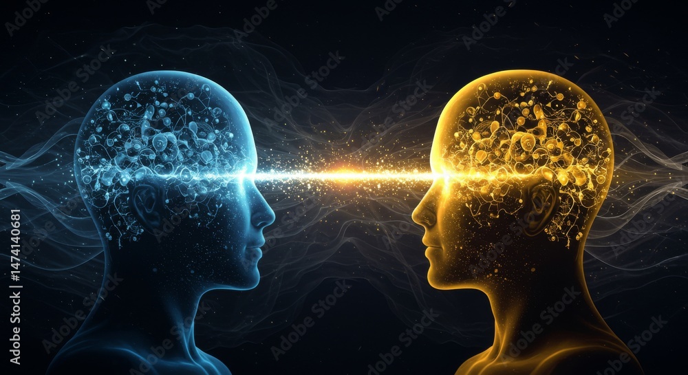 Obraz premium Conceptual illustration of opposing minds connected by energy.
